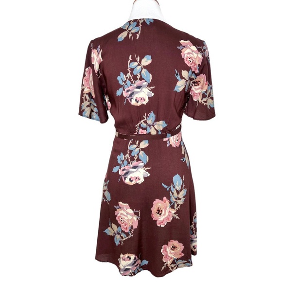 Show Me Your Mumu Floral Burgundy Brown Short Sleeve Mini Tie Waist Wrap Dress S - Picture 6 of 13